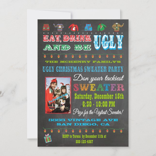 Chalkboard Ugly Christmas Sweater Photo Invitation (Front)