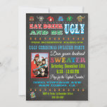 Chalkboard Ugly Christmas Sweater Photo Invitation<br><div class="desc">Super fun ugly sweater Christmas party done in a chalkboard style. Modern lettering, Christmas lights and an ugly sweaters against a blackboard background. Just replace the photo shown here with your photo and adjust to fit. If you need me to set up the invitation please contact me. Hand drawn illustration...</div>