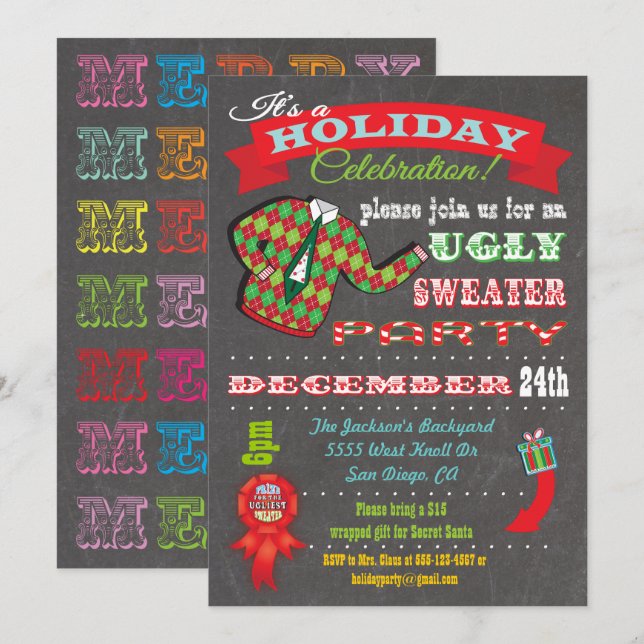 Chalkboard Ugly Sweater Christmas Party Invitation (Front/Back)