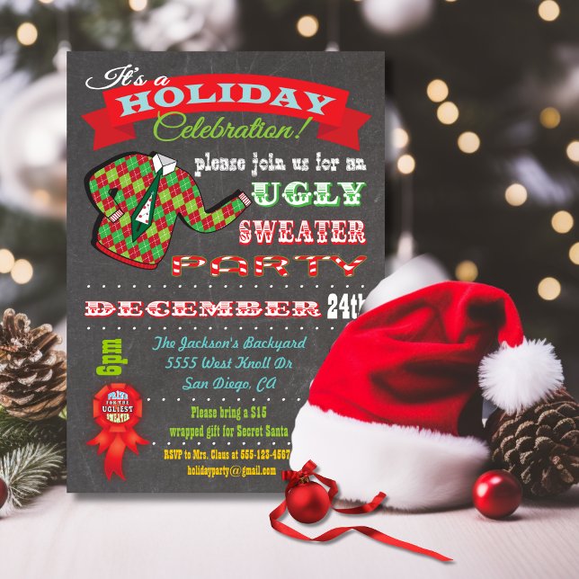 Chalkboard Ugly Sweater Christmas Party Invitation (Creator Uploaded)