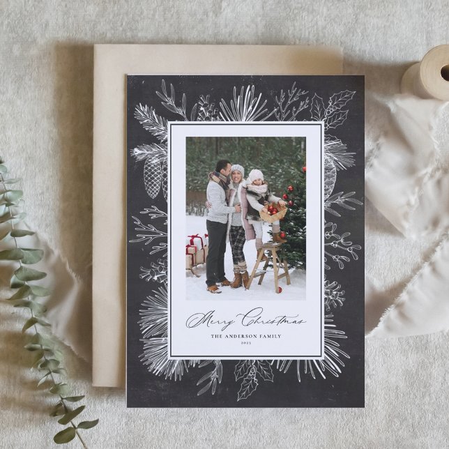 Chalkboard Vintage Botanical Frame Christmas Photo (Creator Uploaded)