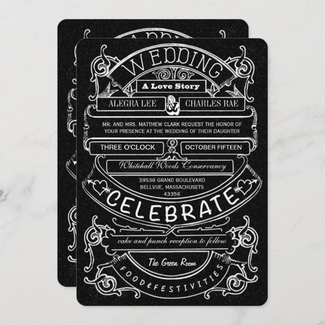 Chalkboard Vintage Modern Typography Wedding Invitation (Front/Back)