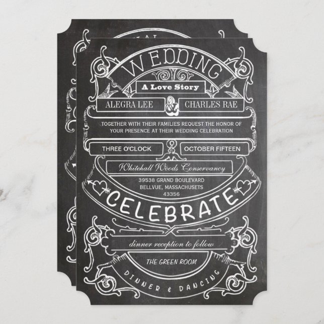 Chalkboard Vintage Modern Typography Wedding Invitation (Front/Back)