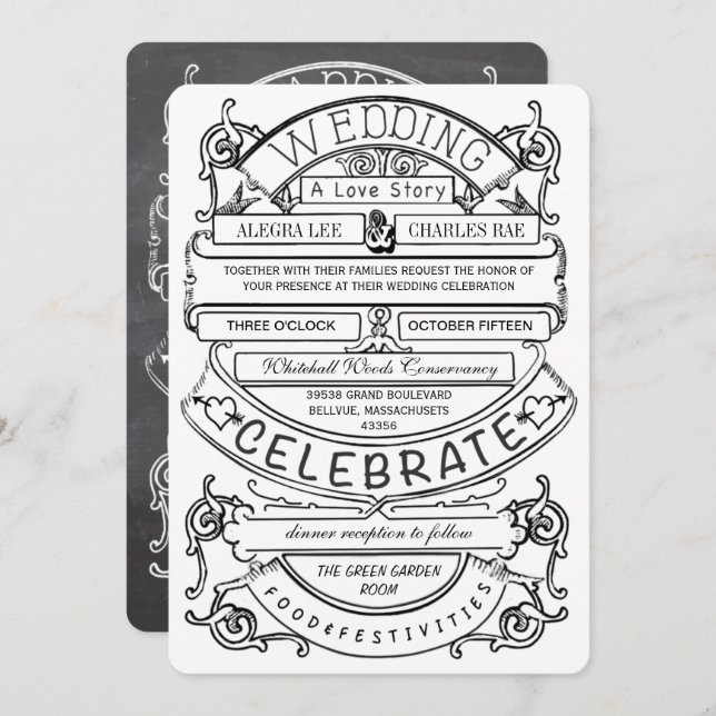 Chalkboard Vintage Modern Typography Wedding Invitation (Front/Back)
