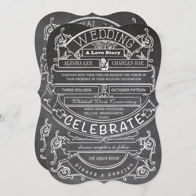 Chalkboard Vintage Modern Typography Wedding Invitation (Front/Back)