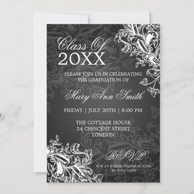 Chalkboard Vintage Swirls Graduation Party Black Invitation (Front)
