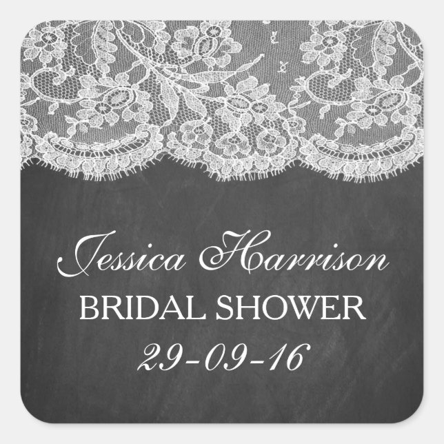 Chalkboard & Vintage White Lace Bridal Shower Square Sticker (Front)