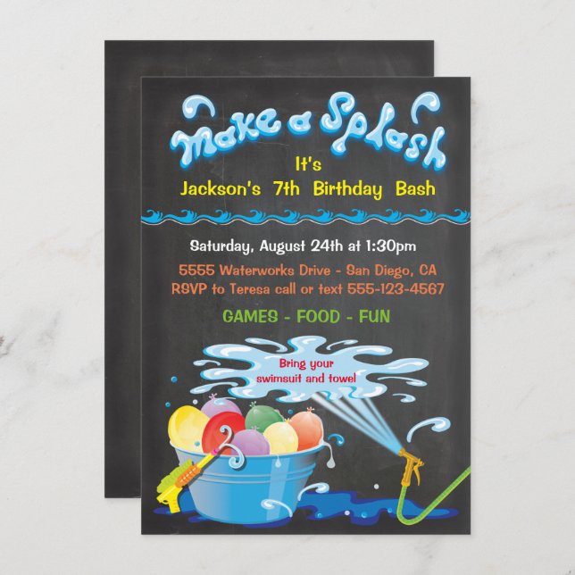 Chalkboard Water Balloon Birthday Pool Invitation (Front/Back)