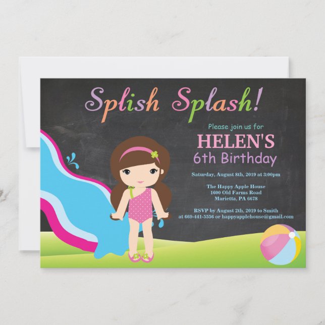 Chalkboard Water Slide Pool Birthday Party Invitation (Front)