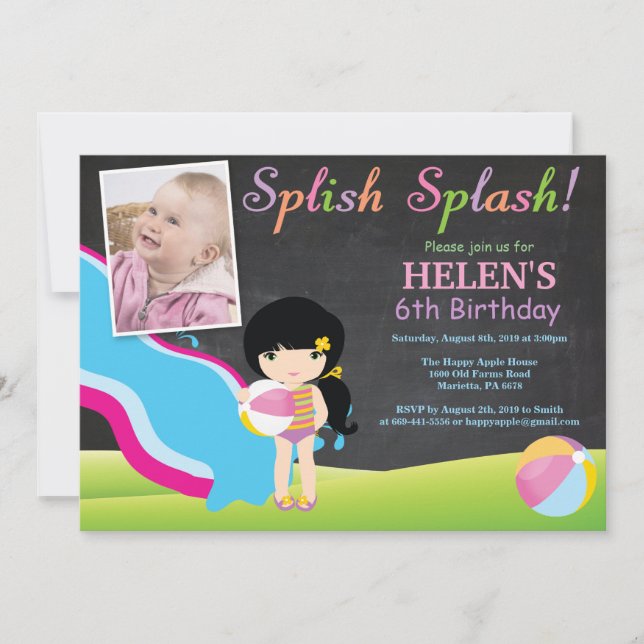 Chalkboard Water Slide Pool Birthday Party Invitation (Front)