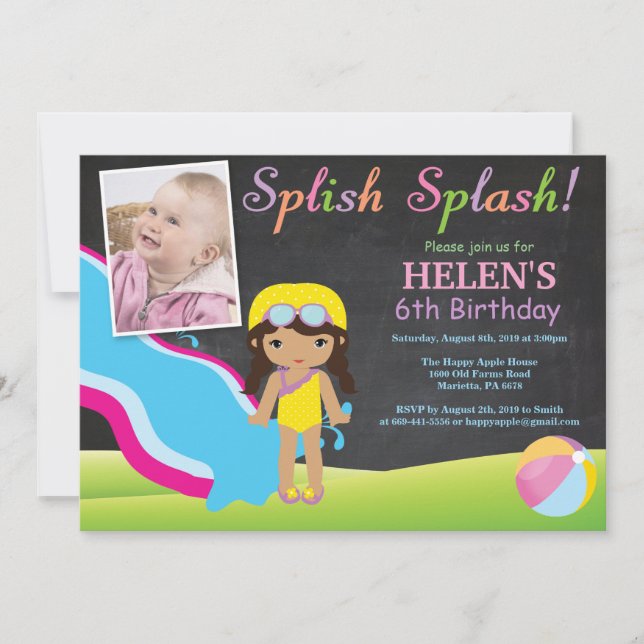 Chalkboard Water Slide Pool Birthday Party Invitation (Front)