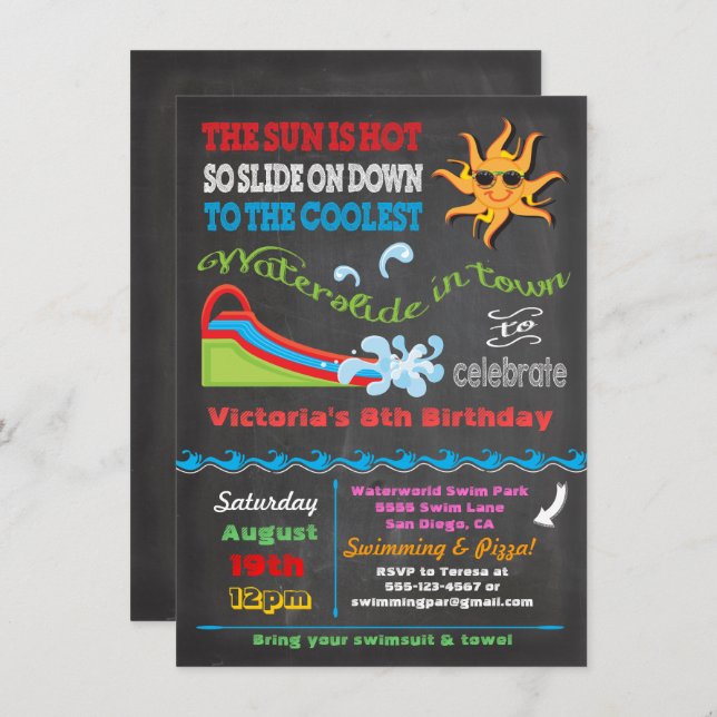 Chalkboard Water slide Pool birthday party Invitation (Front/Back)