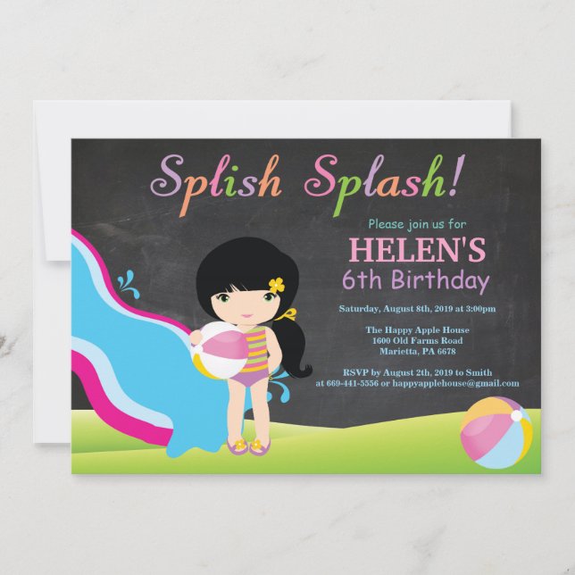 Chalkboard Water Slide Pool Birthday Party Invitation (Front)
