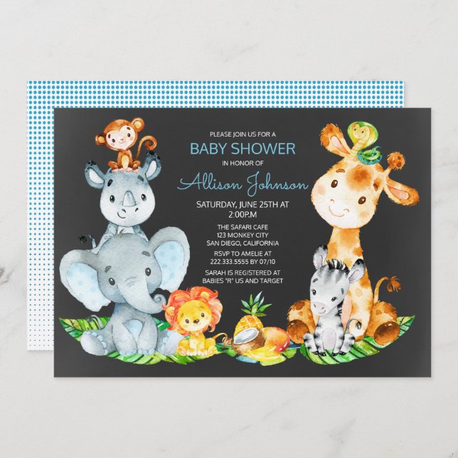 Chalkboard Watercol Cute Safari Jungle Baby Shower Invitation (Front/Back)