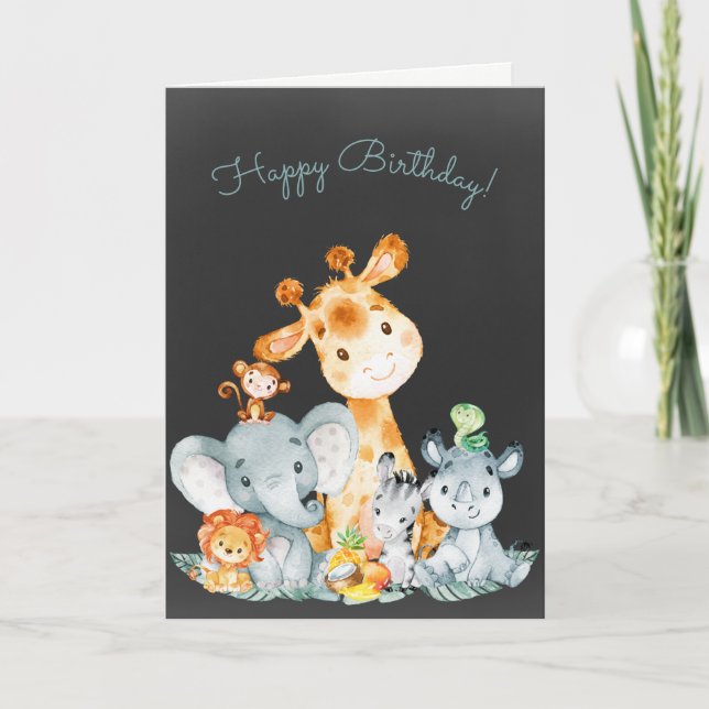 Chalkboard Watercolor Cute Jungle Animals Birthday Card (Front)