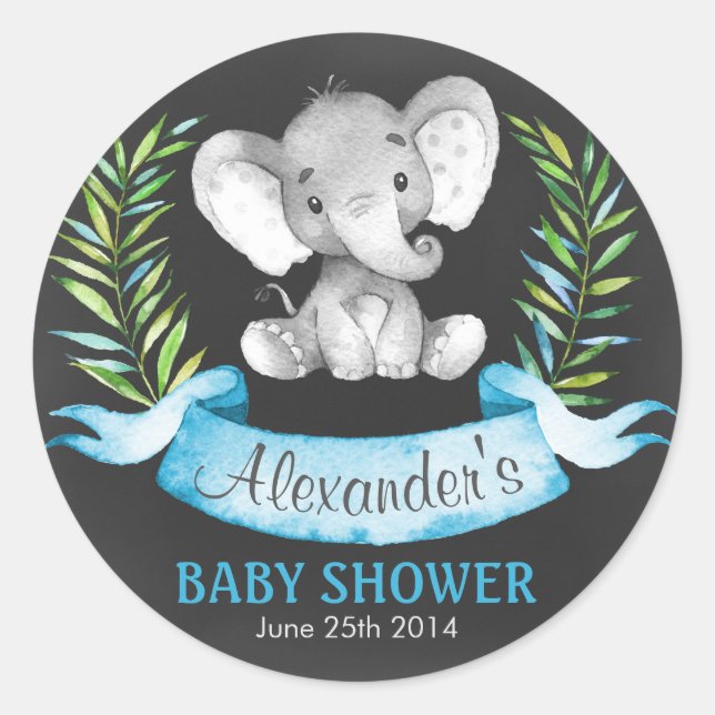 Chalkboard Watercolor Elephant Boy Baby Shower Classic Round Sticker (Front)