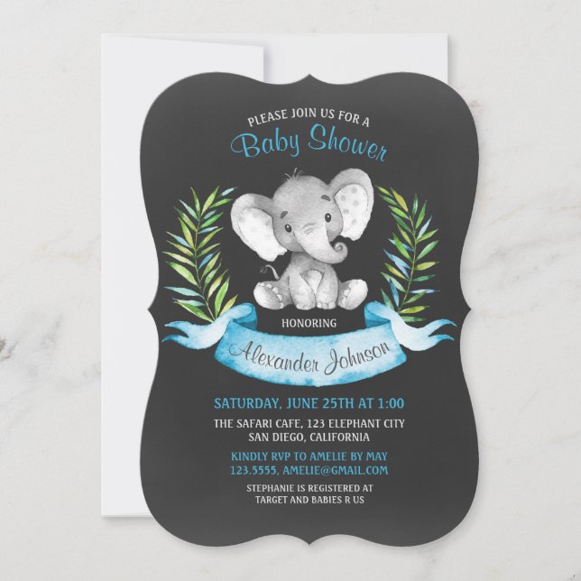 Chalkboard Watercolor Elephant Boy Baby Shower Invitation (Front)