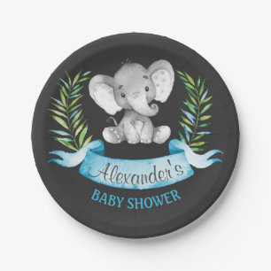 Chalkboard Watercolor Elephant Boy Baby Shower Paper Plate