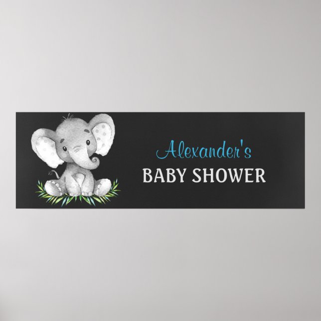 Chalkboard Watercolor Elephant Boy Baby Shower Poster (Front)