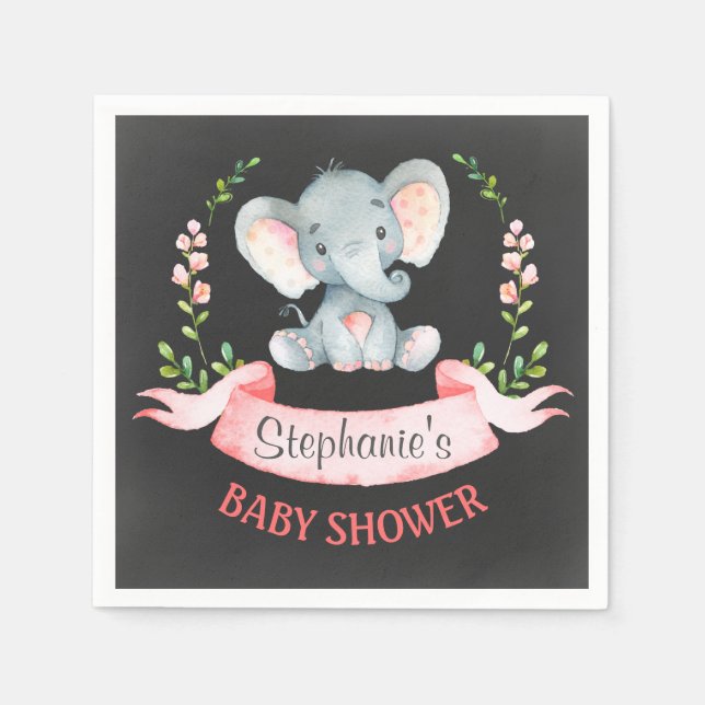 Chalkboard Watercolor Elephant Girl Baby Shower Napkin (Front)