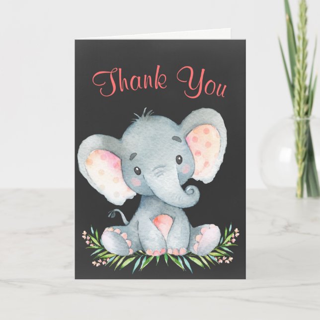 Chalkboard Watercolor Elephant Girl Thank You Card (Front)