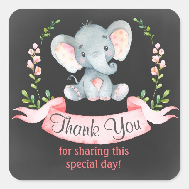 Chalkboard Watercolor Elephant Girl Thank You Square Sticker (Front)