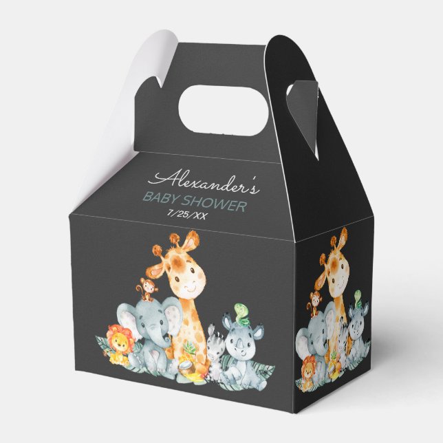 Chalkboard Watercolor Jungle Animals Baby Shower Favour Box (Front Side)