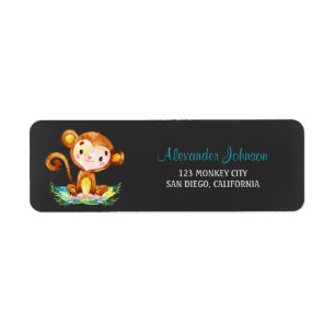 Chalkboard Watercolor Monkey Boy Return Address Label