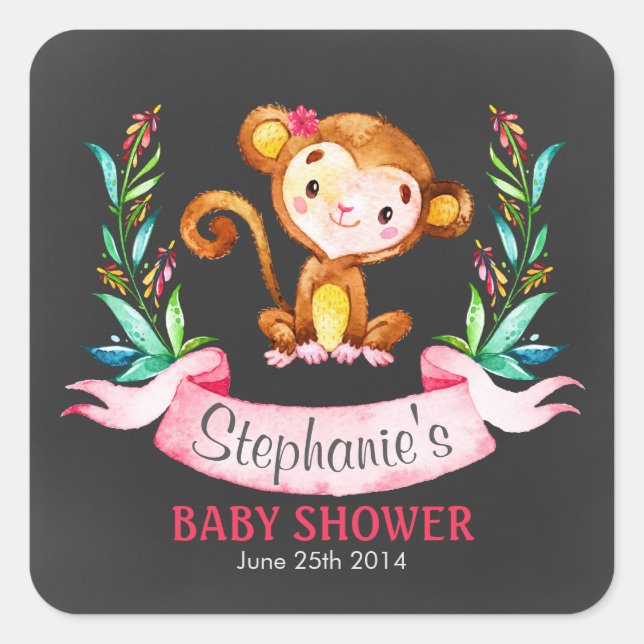 Chalkboard Watercolor Monkey Girl Baby Shower Square Sticker (Front)