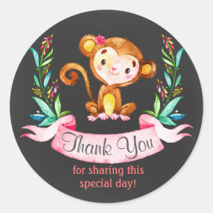 Chalkboard Watercolor Monkey Girl Thank You Classic Round Sticker