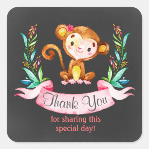 Chalkboard Watercolor Monkey Girl Thank You Square Sticker