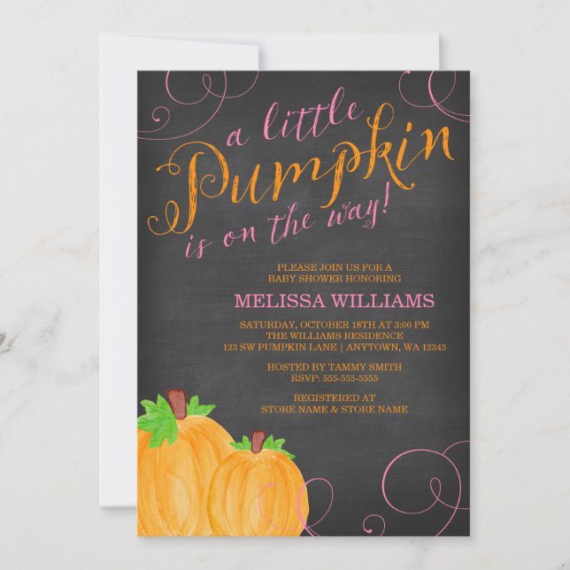 Chalkboard Watercolor Pumpkin Girl Baby Shower Invitation (Front)