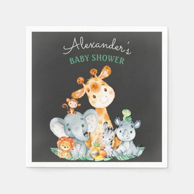 Chalkboard Watercolor Safari Animals Baby Shower Napkin (Front)