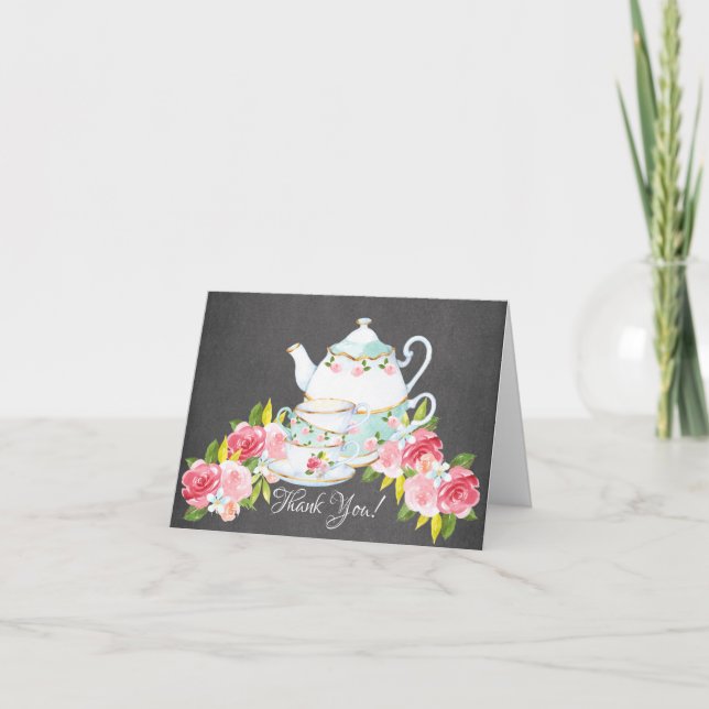 Chalkboard Watercolor Tea Party Shower Thank You Card (Front)