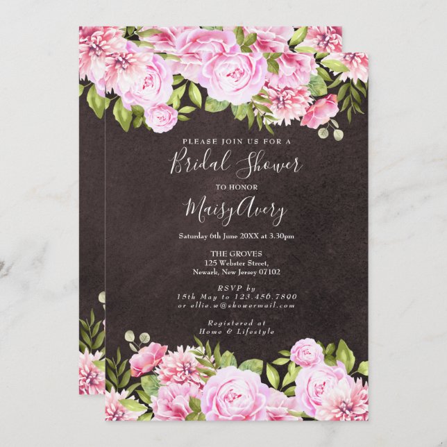 Chalkboard Watercolour Floral Bridal Shower Invitation (Front/Back)