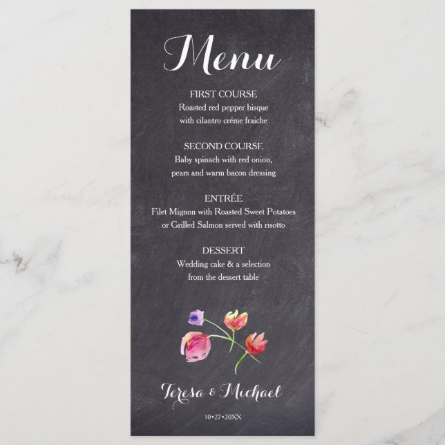 Chalkboard Watercolour Flower Menu card (Front)