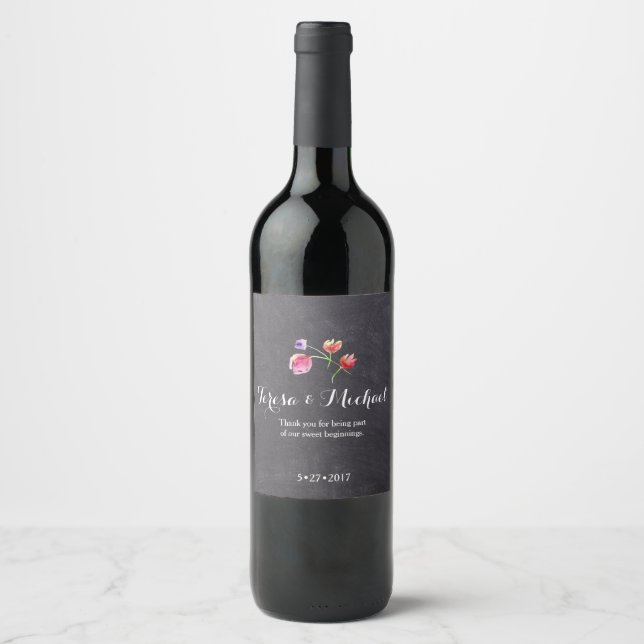 Chalkboard, Watercolour flower rustic giveaway Wine Label (Front)