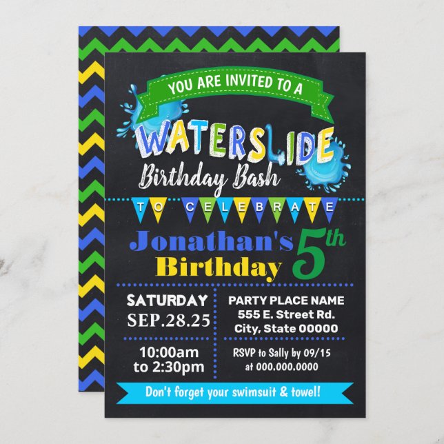 Chalkboard Waterslide birthday summer party blue Invitation (Front/Back)