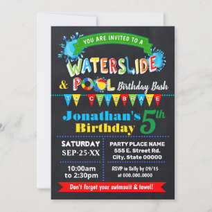 Chalkboard Waterslide Pool Birthday Party Bash Invitation