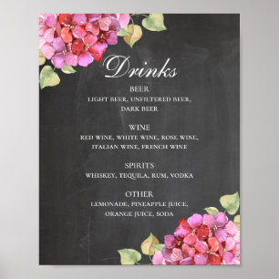 Chalkboard wedding alcohol drinks bar. Pink flower Poster