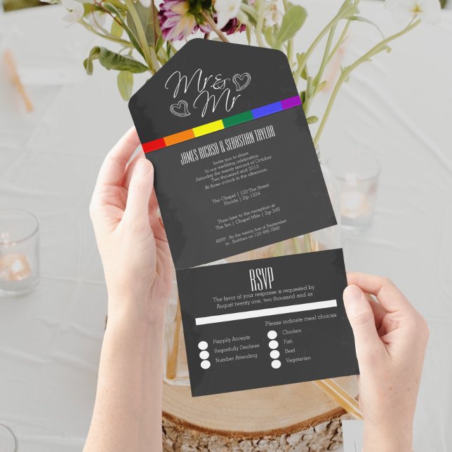 Chalkboard wedding doodle hearts Mr and Mr All In One Invitation (Creator Uploaded)