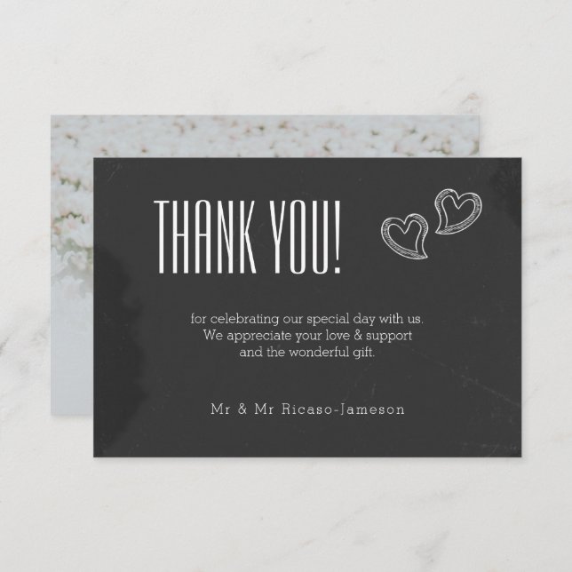 Chalkboard wedding doodle hearts thank you card (Front/Back)