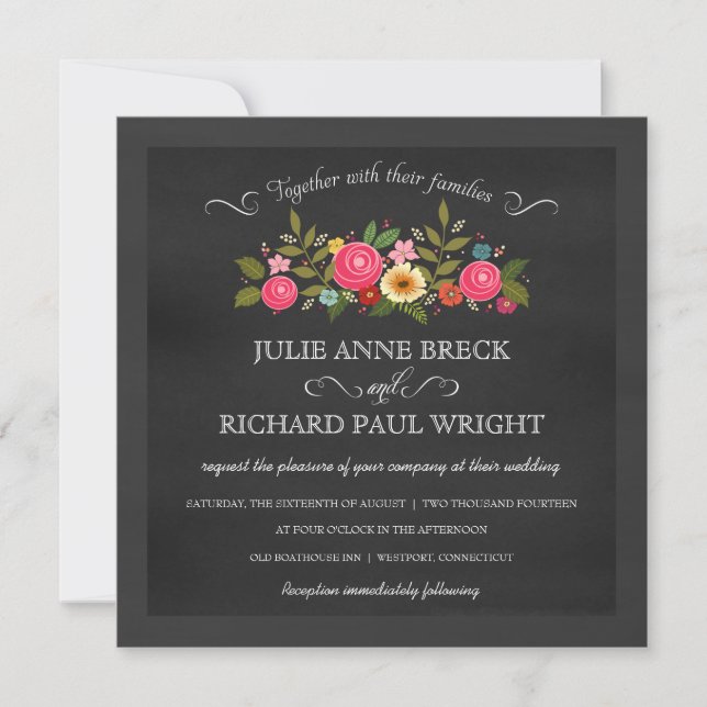 Chalkboard Wedding Invitations - Pink Roses (Front)