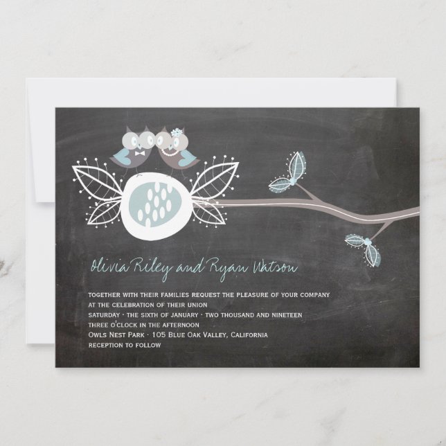 Chalkboard Wedding Owls Woodland Rustic Invite (Front)