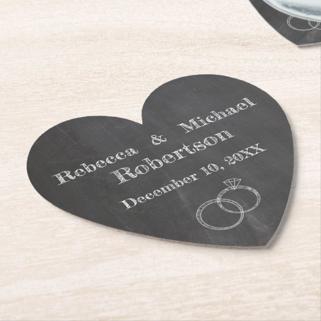 Chalkboard Wedding Rings Personalised Paper Coaster (Angled)