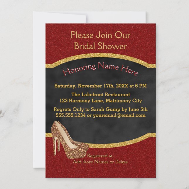 Chalkboard Wedding Shower | Red Gold Glitter Heels Invitation (Front)