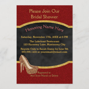 Chalkboard Wedding Shower   Red Gold Glitter Heels Invitation