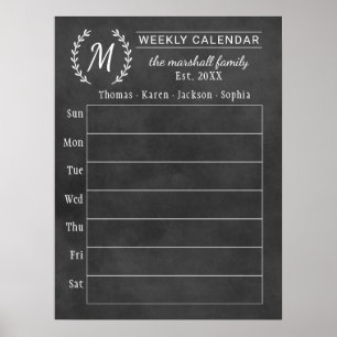 Chalkboard Weekly Family Monogram Calendar Poster