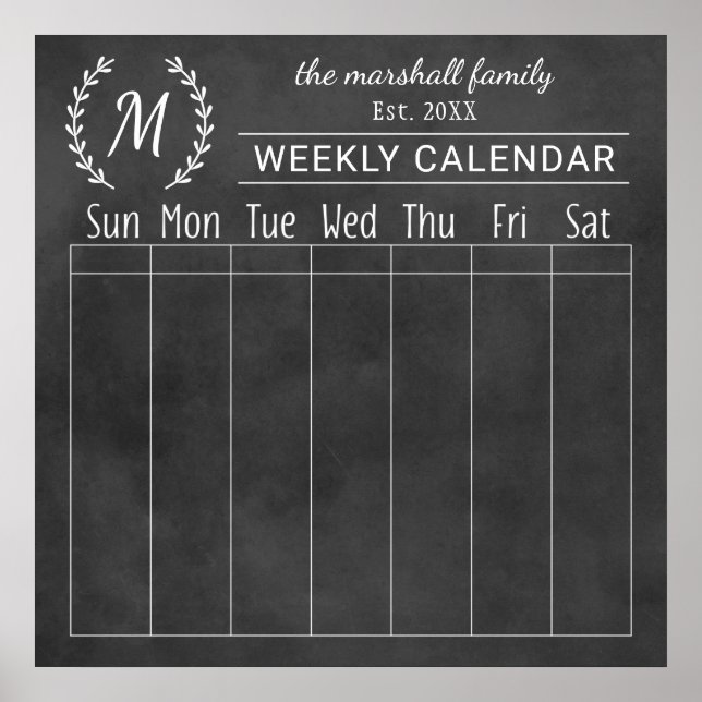 Chalkboard Weekly Family Monogram Calendar Poster (Front)