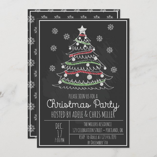 Chalkboard Whimsical Christmas Tree Holiday Party Invitation (Front/Back)